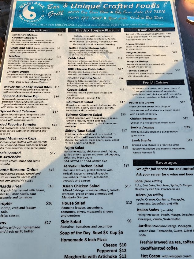Santana Mavericks Bar N Grill Restaurant Menu | Big Bear Lake Dining